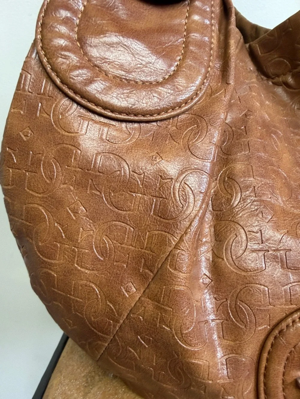 GUESS Vintage Brown Leather Hobo Bag Monogram Logo Y2K Shoulder Bag - Picture 8 of 14